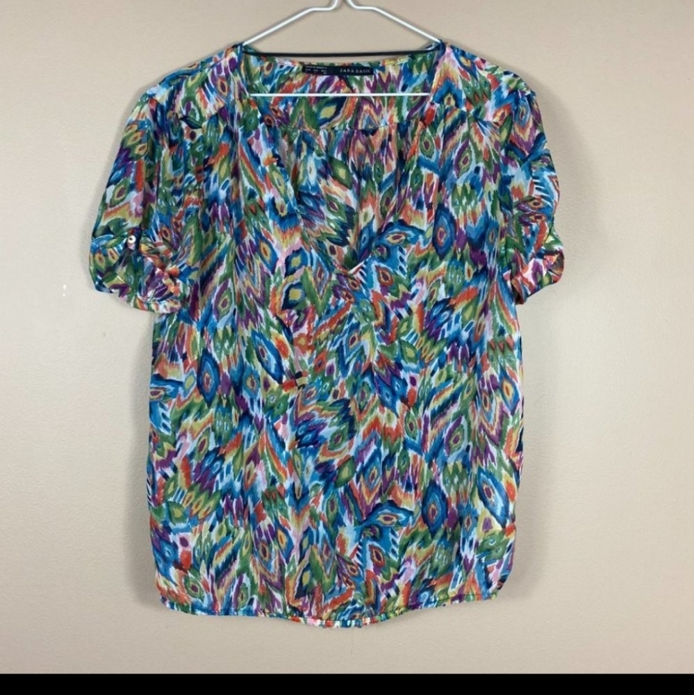 Zara Watercolour vneck Printed Short Sleeve Blouse Semi-Sheer